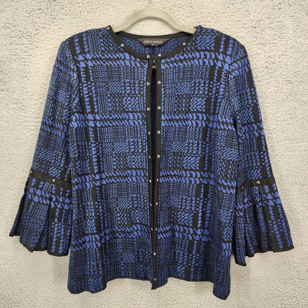Ming Wang Blue Black Plaid Studded Bell Sleeve Open Front Knit Jacket Size M